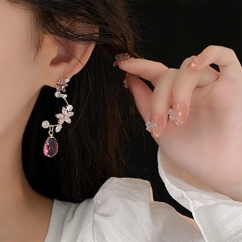 Purple Crystal Teardrop Flower Earrings With Silver Earring Post Copper Gold Plated Zirconia Luxury Elegant Jewelry For Women