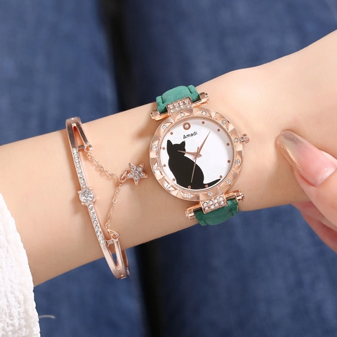 Women Quartz Watch And Bracelet Cute Cat Dial Rhinestone Rose Gold Case Faux Leather Strap Elegant Gift For Girls