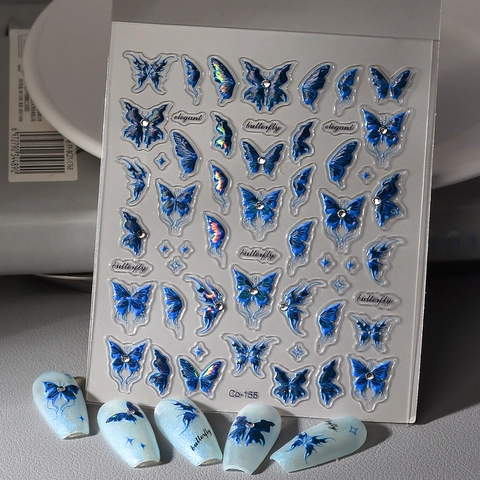 Autocollants Ongles Relief 5D Papillon Bleu Holographique Auto-Adhésif Décoration Strass Imperméable Élégant