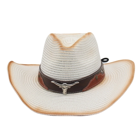 Western Cowboy Straw Hat With Metal Bull Head Faux Leather Band Foldable Windproof Rope Wide Brim Vintage Bohemian Outdoor Beach
