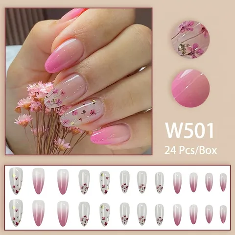 Uñas Postizas Almond Shape Degradado Rosa Flores Secas Pan De Oro Hielo Transparente Brillantes Uñas Artificiales