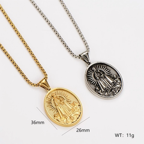Jungfrau Maria Und Jesuskind Anhänger Halskette Edelstahl 18K Vergoldet Retro Religiöser Ovaler Relief Schmuck Für Damen