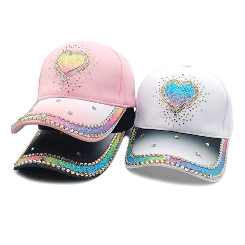 Women Rhinestone Heart Baseball Cap Polyester Twill Adjustable Outdoor Sun Protection Bling Fashion Hat