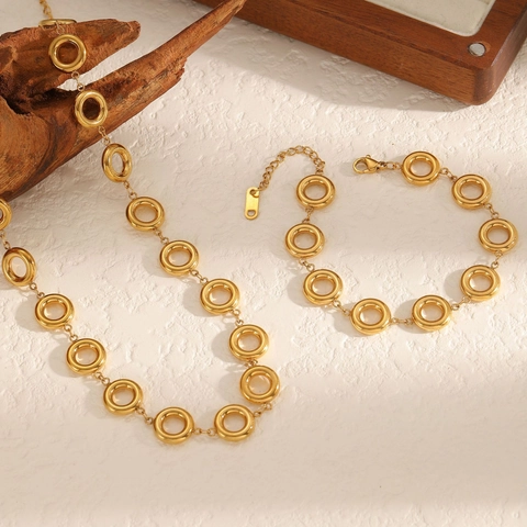 Gioielli Acciaio Inossidabile Collana E Bracciale Maglie Geometriche Cerchio Tondo Dorato Moda Elegante Donna