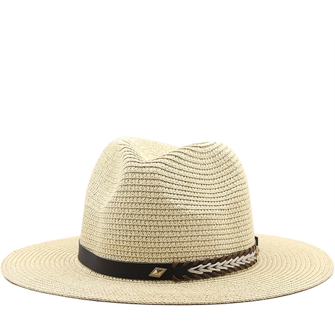 Straw Fedora Sun Hat Breathable Outdoor Beach Travel British Style Vintage Woven Cap With Rivet Decor Band For Men Women