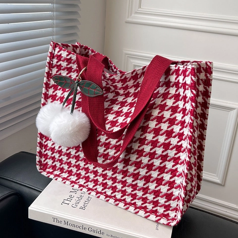 Houndstooth Tote Bag Large Capacity Canvas Fabric Vintage Casual Shoulder Handbag For Women Student With Cherry Pendant