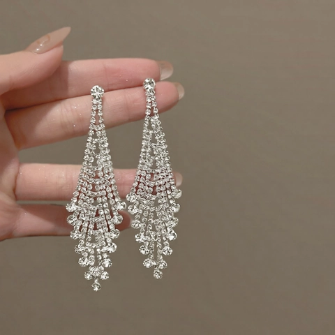 Rhinestone Tassel Drop Ohrringe Mit Silbernem Ohrstecker Langer Fransen Eleganter Kupferschmuck Für Frauen