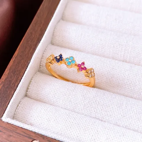 Vintage Bunter Blumen Offener Ring Kupfer Echtgold Vergoldet Verstellbar Zirkonia Floral Fingerschmuck Für Damen Luxus Geschenk