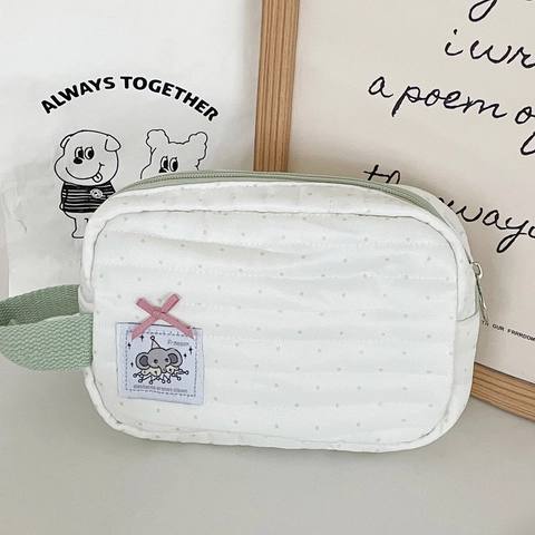 Trousse Maquillage Coton Matelassé Pois Écusson Éléphant Nœud Rose Pochette Toilette Portable Vert Menthe Kawaii Organisateur
