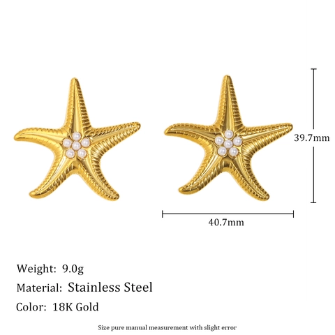 Orecchini A Lobo Stella Marina In Acciaio Inossidabile Placcato Oro 18K Con Perla Artificial Sintetica Stile Oceano Vintage