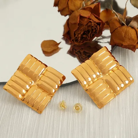 Vintage 18K Gold Plated Stainless Steel Geometric Stud Earrings For Women Retro Textured Shell Square Round Jewelry