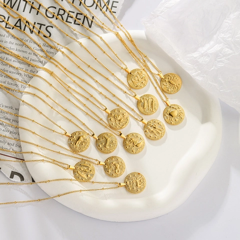 Zodiac Necklace Stainless Steel Gold Plated Twelve Signs Relief Coin Pendant Retro Minimalist Jewelry For Women
