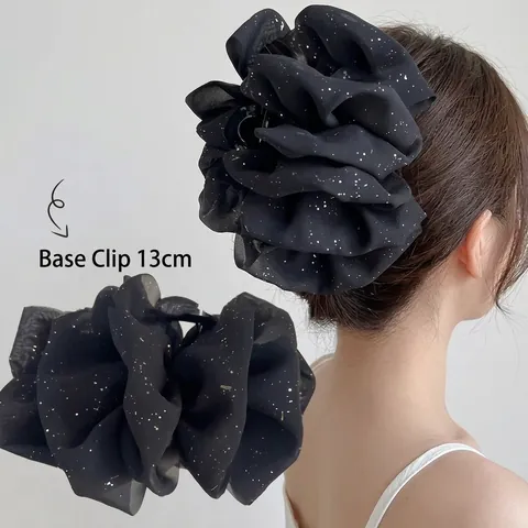 Large Elegant Mesh Bubble Hair Claw Clip With Artificial Pearls Bow Knot Chiffon Fabric Decorative Headpiece Hair Accessories For Women