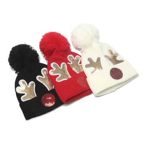 Kids Reindeer Christmas Knit Hat With Soft Pom Pom Sequined Antlers Winter Warm Beanie For Children Boys Girls Holiday Gifts