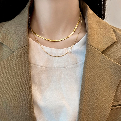 Minimalist Double Layer Snake Bone Chain Necklace For Women 18K Gold Silver Plated Titanium Steel Flat Blade Chain Jewelry