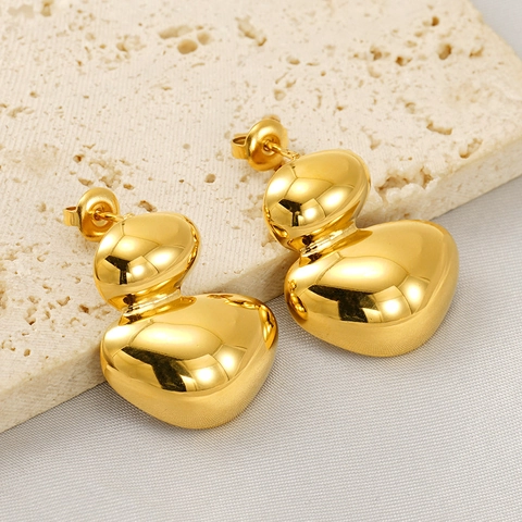 Stud Earrings 18K Gold Plated Stainless Steel Irregular Organic Double Layer Pebble Mirror Finish Modern Art Style For Women