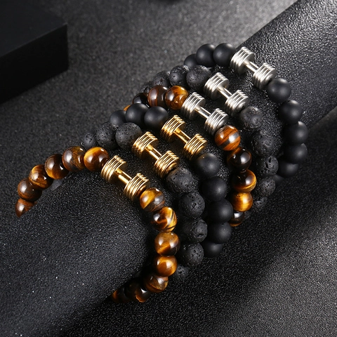 Men Natural Tiger Eye Lava Rock Beaded Bracelet With Stainless Steel Dumbbell Charm Fitness Strength Jewelry For Male