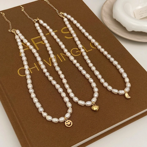 Collana Di Perle D Acqua Dolce Con Ciondoli A Cuore Sorriso Fagiolo Placcati In Oro Gioielli Stile Vintage Per Donna