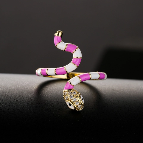 Anello Serpente Da Donna Rame Placcato Oro Smalto Malocchio Fascia Aperta Regolabile Zircone Colorato Gioielli Moda