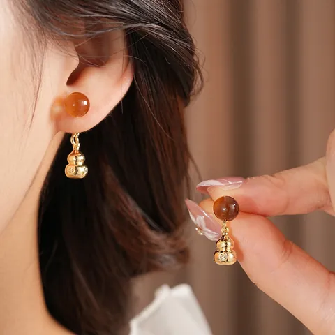 Vintage Gourd Hulu Dangle Earrings With Copper Acrylic Beads And Silver Earring Post Retro Ethnic Style Jewelry