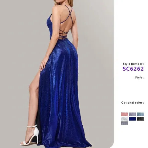 Sequin Evening Gown Backless Cross Strap High Split Sparkling Floor Length Formal Party Dress For Women Elegant