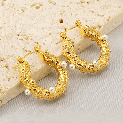 Vintage Hammered Hoop Earrings 18K Gold Plated Stainless Steel With Artificial Pearl And Rhinestone Irregular For Women