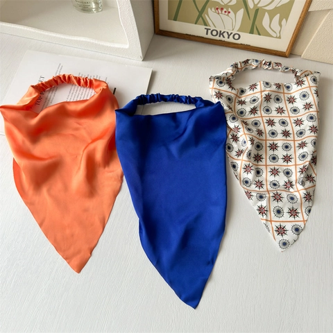 Satin Triangle Headband Scarf Elastic Fabric Hair Band Solid Color Floral Print Geometric Versatile Headwear For Women