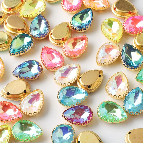 Strass En Verre En Forme De Goutte Avec Base En Métal Doré Pierres À Coudre Griffes Pour Vêtements DIY Chaussures Accessoires Colorés Facettés