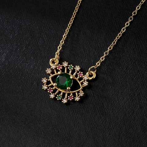Vintage Boze Oog Hart Maan Hanger Ketting Koper 18K Verguld Groen Kleurrijke Zirkoon Sieraden Voor Vrouwen Elegant