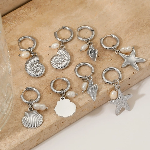 Meeres-Thema Creolen Edelstahl Mit Künstliche Perle Seestern Muschel Schnecke Anhänger Strand Urlaub Schmuck Für Damen