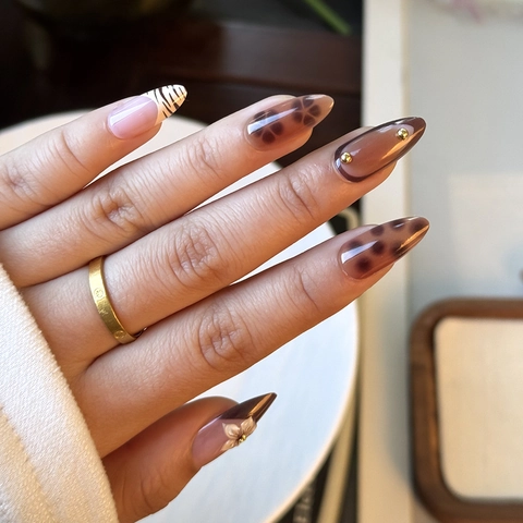 Almond Press On Nails Leopard Print 3D White Flower Gold Beads Decoration French Style Brown Nude False Nails