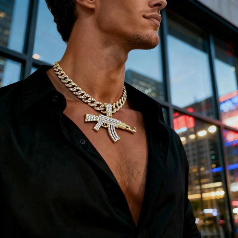 Iced Out Maschinengewehr Anhänger Halskette Legierung Straßstein Panzerkette Hip Hop Streetwear Schmuck Für Herren Damen