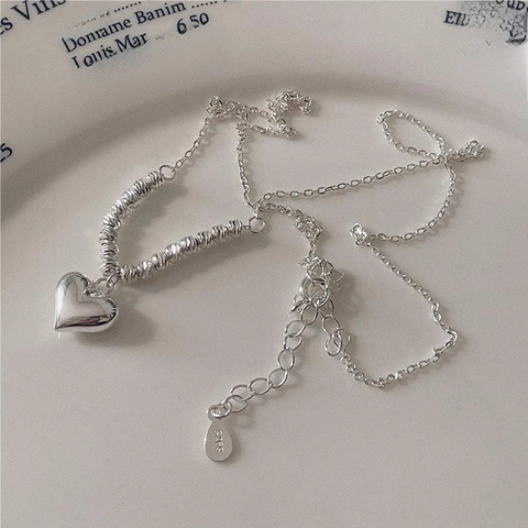 925 Sterling Silber Herz Anhänger Halskette Mit Geschnitzten Perlen Minimalistischer Koreanischer Stil Schmuck
