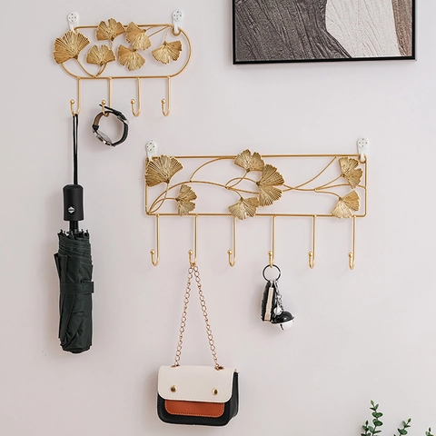 Ginkgo Leaf Wall Mounted Metal Hooks Golden Iron Art Entryway Key Storage Rack Decorative Coat Hanger Luxury Home Organizer