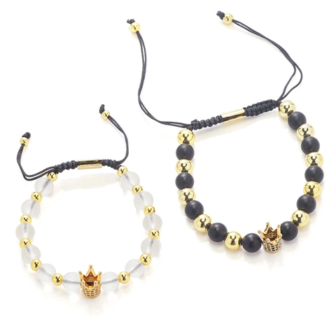 Bracciale Con Perline Corona Pietra Naturale Rame Micro Pavè Zircone Corda Intrecciata Regolabile Gioielli Coppia
