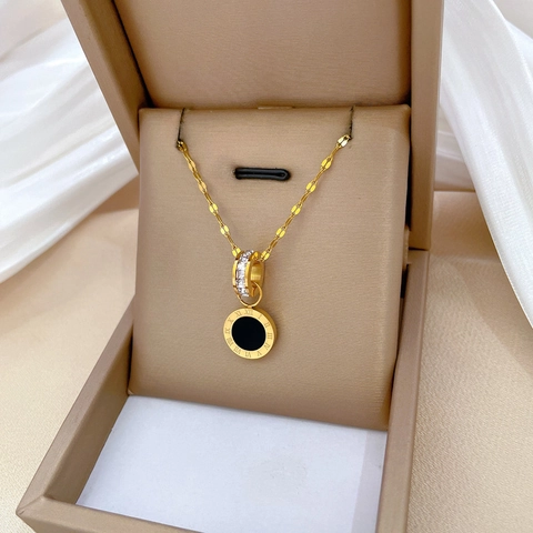 Roman Numeral Double Ring Pendant Necklace Titanium Steel Gold Plated Zircon Chic Minimalist Jewelry For Women