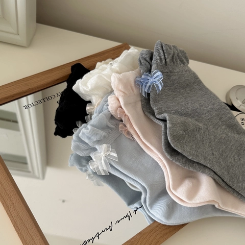 Women Cotton Crew Socks Bow Knot Ruffle Trim Sweet Japanese Style Knit Breathable Soft Fashion Accessory