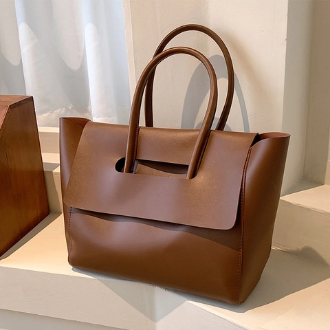 Large Capacity PU Leather Tote Bag Minimalist Retro Flap Shoulder Handbag For Women Daily Office Commute