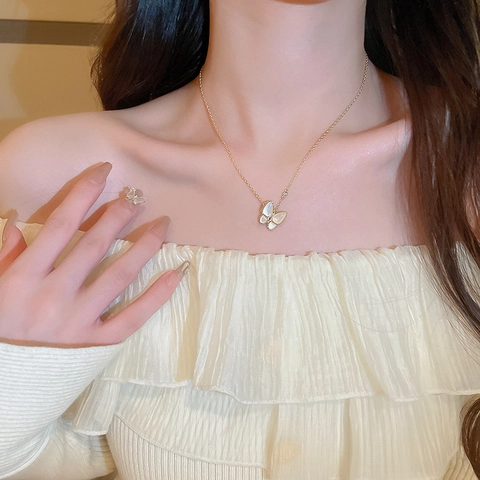 Schmetterling Anhänger Halskette Vergoldetes Kupfer Weißes Perlmutt Muschel Marquise Zirkonia Eleganter Schmuck Für Damen
