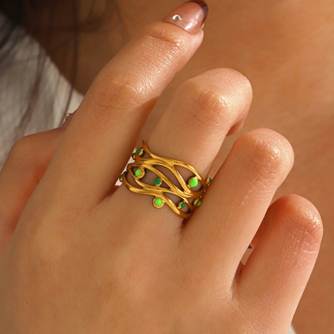 Stainless Steel Open Ring 18K Gold Plated Wave Hollow Vine Green Enamel Adjustable Jewelry For Women