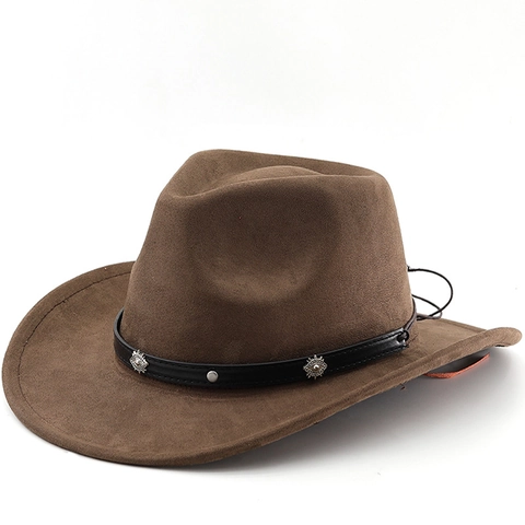 Cappello Da Cowboy Western Trama Scamosciata Fedora Tesa Larga Fascia Pelle Decorazione Sole Metallo Uomo Donna Viaggi Stile Retrò