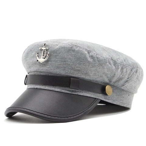 Military Sailor Captain Hat Beret Cotton Polyester Blend With PU Leather Brim Metal Anchor Retro Nautical Flat Top