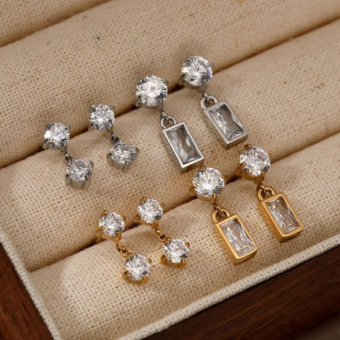 Geometric Zircon Drop Earrings Stainless Steel Waterproof Non-Fading Elegant Minimalist Jewelry For Women