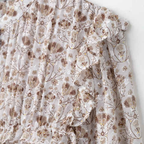 Floral Chiffon Blouse Ruffle Trim Stand Collar Long Sleeve Textured Elegant Vintage Women Top