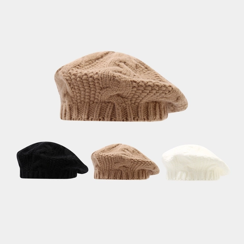 Women Cable Knit Beret Hat Winter Warm Thickened Acrylic Knitted Painter Hat Outdoor Casual Retro Style