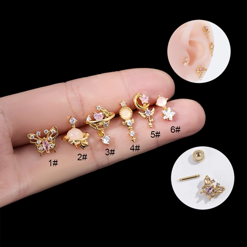 Roestvrijstalen Staaf Kraakbeen Piercing Stud Koper Met Zirkoon Hart Planeet Vlinder Vorm Schroefsluiting Sieraden