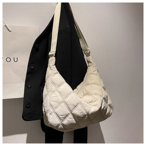 Bolso Hobo Acolchado Puffer Nailon Patrón Diamante Gran Capacidad Bolso Bandolera Mujer Informal Viaje Ligero