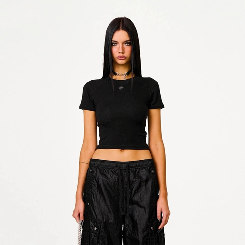 Slim Fit Cropped T-Shirt Embroidered Cross Star Pattern Cotton Lyocell Short Sleeve Streetwear Casual Top For Women