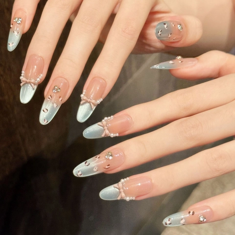 Handmade Press On Nails Blue Cat Eye Gradient French Style Almond Stiletto With Bowknot Artificial Pearl Rhinestone Decoration