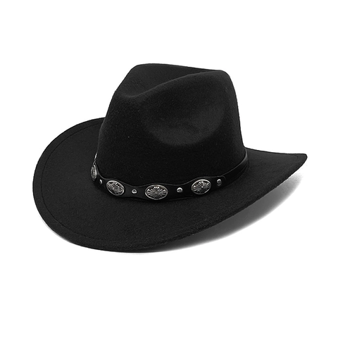 Cappello Cowboy Western In Cotone Poliestere A Tesa Larga Jazz Fedora Con Cinturino In Pelle Conchos In Metallo